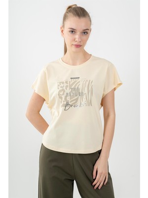 Maraton Regular Kadın Bisiklet Yaka  Ekru T-shirt