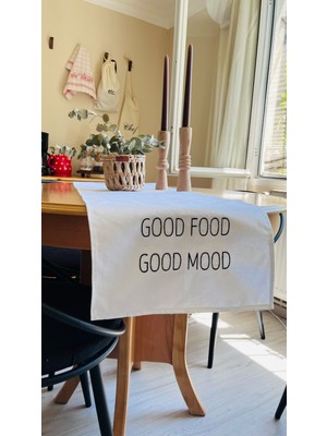 Atölye No 35 Good Food Good Mood Nakışlı Runner Beyaz