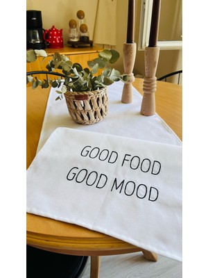 Atölye No 35 Good Food Good Mood Nakışlı Runner Beyaz