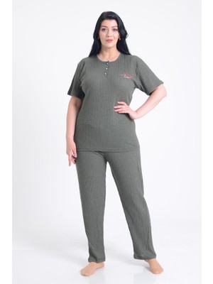 Pınkmark Kadın Haki Kısa Kol Nakışlı Büyük Beden Pijama Takımı PMTK25606