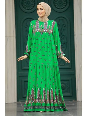 Neva Style Desenli Yeşil Tesettür Elbise 50092Y