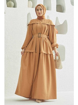 Neways 6605-CARLA Büzgülü Kuşaklı Elbise Camel