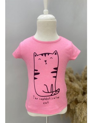 Mojo Bebek Kız Çocuk Kedi Baskılı Kısa Kollu T-Shirt 219341 Pembe