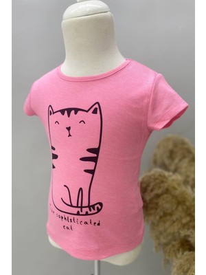 Mojo Bebek Kız Çocuk Kedi Baskılı Kısa Kollu T-Shirt 219341 Pembe