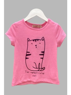 Mojo Bebek Kız Çocuk Kedi Baskılı Kısa Kollu T-Shirt 219341 Pembe