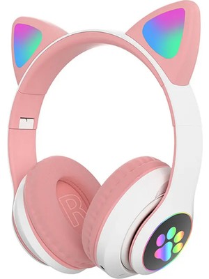 Metafaz Ticaret Stn-28 LED Işıklı Kedi Kulak Sevimli Bluetooth 5.0 Wireless Kulak Üstü Kulaklık