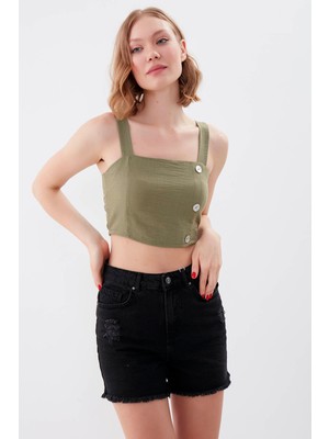 Vitrin Sedef Düğmeli Sırtı Gipeli Crop Bluz
