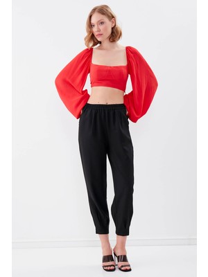 Vitrin Beli Lastikli Pileli Yüksek Bel Pantolon