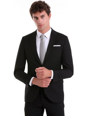 Hatemoğlu Siyah Slim Fit Mono Yaka Desenli Klasik Takım Elbise