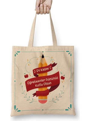 Humuts Öğretmenler Günü Hediyesi Öğretmene Bez Çanta Uzun Saplı
