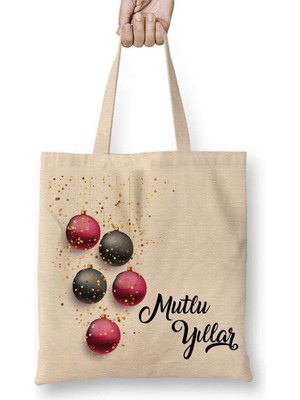 Humuts Mutlu Yıllar Noel Topları Bez Çanta Uzun Saplı