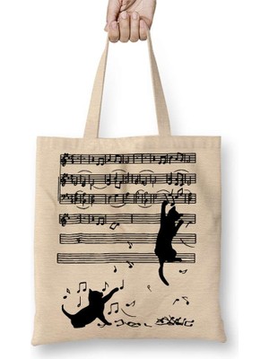 Yaramaz Komik Müzik Notalı Kedi Cat Bez Çanta Uzun Saplı