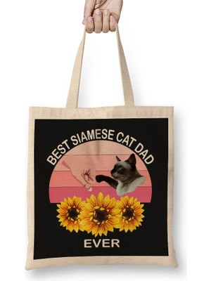 Best Siamese Cat Dad Ever Vintage Retro Style Kedi Bez Çanta Uzun Saplı