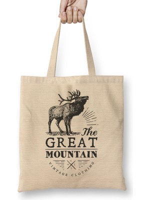 Retro Animal Stag Great Mountain Vintage Clothing Black Bez Çanta Uzun Saplı