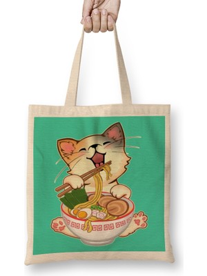 Kawaii Neko Kedi Cute Ramen Cat Japanese Noodle Anime Lover Bez Çanta Uzun Saplı