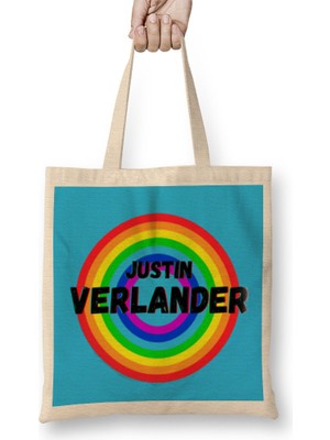 Humuts Justin Verlander Carton Art - Baseball Lovers Gifts Vintage Retro Rainbow Bez Çanta Uzun Saplı