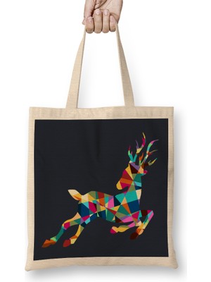 Geometric Animal Roe Deer Bez Çanta Uzun Saplı