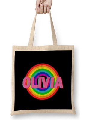 Humuts Olivia -Name Personalized Custom - Vintage Retro Rainbow Style Design Gift Baby-Gift For Her Bez Çanta Uzun Saplı