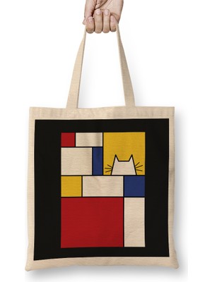 Piet Mondrian Inspired Cat Kedi Bez Çanta Uzun Saplı