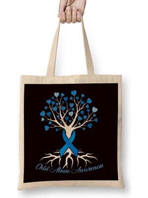Blue Ribbon Tree Heart Child Abuse Prevention Month Support Bez Çanta Uzun Saplı