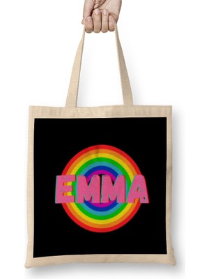 Humuts Emma -Name Personalized Custom - Vintage Retro Rainbow Style Design Gift Baby-Gift For Her Bez Çanta Uzun Saplı