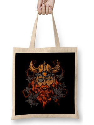Humuts Vintage Odin & Ravens Norse Mythology Distressed Bez Çanta Uzun Saplı