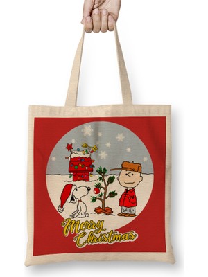 Humuts Yılbaşı Yeni Yıl Konseptli Charlie Brown And Snoopy Merry Christmas Bez Çanta Uzun Saplı
