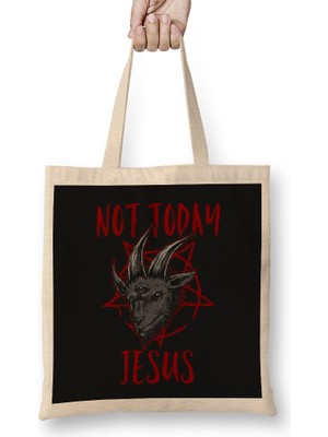 Satanism Baphomet Goat Pentagram Not Today Jesus Bez Çanta Uzun Saplı