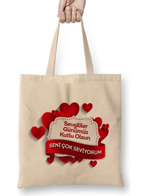 Humuts Sevgililer Günü Sevgiliye Hediye 031 Bez Çanta Uzun Saplı