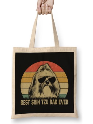 Humuts Best Shih Tzu Dad Ever Vintage Bez Çanta Uzun Saplı