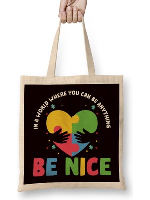 Be Nice Autism Awareness Heart Puzzle Support Special Needs Bez Çanta Uzun Saplı