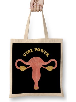 Humuts Girlpower Uterus Embroidery Bez Çanta Uzun Saplı