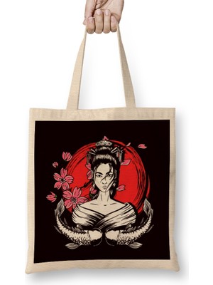 Japan Flag Geisha Fish Sakura Cherry Blossom Tree Japanese Bez Çanta Uzun Saplı