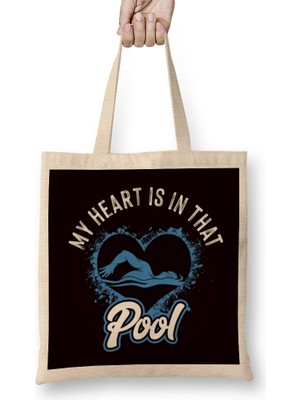 My Heart Is In Swimming Pool Swimmer Swim Coach Water Sports Bez Çanta Uzun Saplı