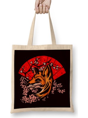 Japanese Fox Sakura Cherry Blossom Tree Japanese Art Nature Bez Çanta Uzun Saplı