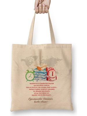 Humuts Öğretmenler Günü Öğretmene Hediye 06 Bez Çanta Uzun Saplı