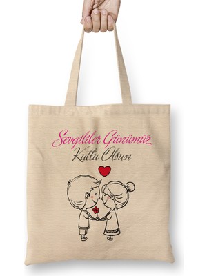 Humuts Sevgililer Günü Sevgiliye Hediye 0215 Bez Çanta Uzun Saplı