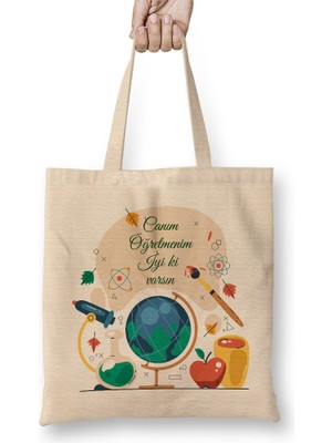 Öğretmenler Günü Öğretmene Hediye 07 Bez Çanta Uzun Saplı