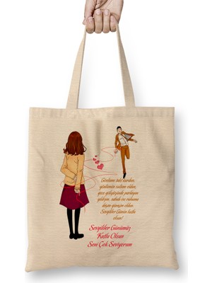 Sevgililer Günü Sevgiliye Hediye 0241 Bez Çanta Uzun Saplı