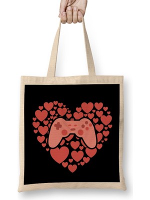 Humuts Video Gamer Heart Controller Valentines Day 01 Bez Çanta Uzun Saplı