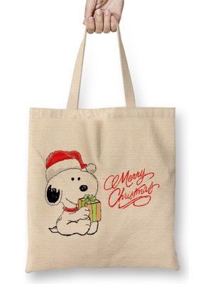 Humuts Yılbaşı Yeni Yıl Konseptli Snoopy Merry Christmas Bez Çanta Uzun Saplı