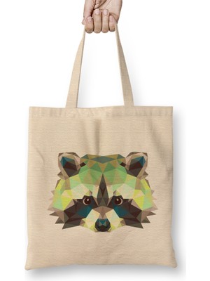 Geometric Animal Raccoon Bez Çanta Uzun Saplı