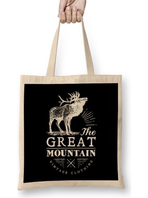 Retro Animal Stag Great Mountain Vintage Clothing White Bez Çanta Uzun Saplı