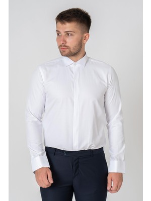 White Stone Beyaz Slim Fit Esnek Likralı Ata Yaka Pamuklu Gömlek