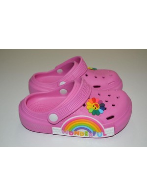 Calx Kız Çocuk Okul Öncesi Pembe Wonderful Yazılı Gökkuşağı Papatya Süslemeli Eva Malzemeli Crocs Terlik