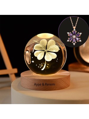 Hediyesahibi  Büyük Boy Işıklı Ahşap Kaideli Yonca Temalı Cam Küre 8cm ve Lotus Çiçeği Kolye