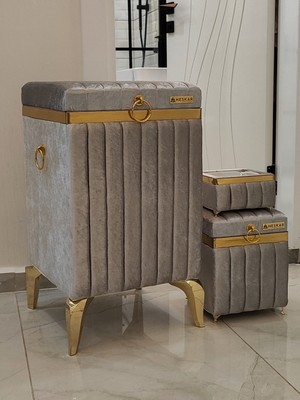 Heskar Home 3′ Lü Kare Altın Şeritli Lüks Kadife Kirli Sepeti