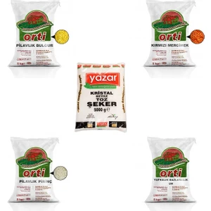 Orti  5kg Kırmızı Mercimek + Pilavlık Bulgur + Pilavlık Pirinç + Çok Amaçlı Un + Yazar Toz Şeker=25 kg