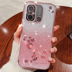 LR Joyful Xiaomi Redmi 12C 4g / 11A 4g / Poco C55 4g Telefon Kapağı Çiçek Rhinestone Gradient Glitter Tpu Kılıfı (Yurt Dışından)