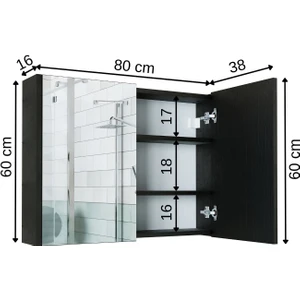 Ad7 Kulpsuz 2 Kapaklı Ahşap Siyah Suntalam 80 cm Aynalı Banyo Üst Dolabı
